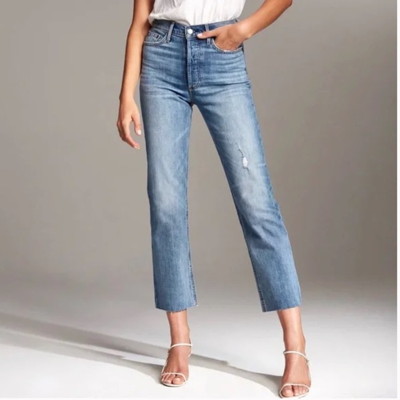 Aritzia Denim - Denim Forum Aritzia Arlo High Rise Straight Leg Raw Hem Distressed Jean Size 27